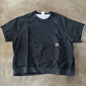Black Short-Sleeve Sweatshirt with Contrast Stitching. 25” pit to pit and 27” L